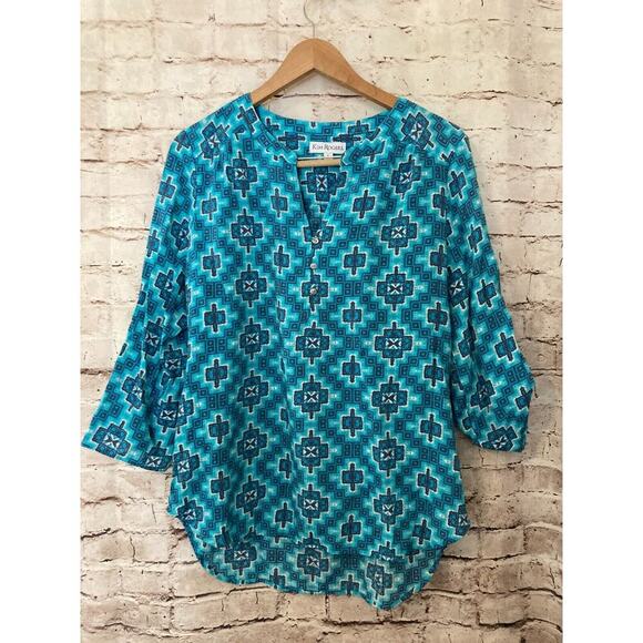 Kim Rogers Tops - Kim Rogers Top Womens Large Popover Turquoise Aztec Print Roll Tab Sleeve V Neck